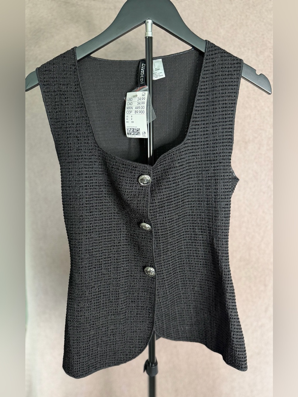 H&M Divided Black Textured Knit Button Front Vest Size S NWT